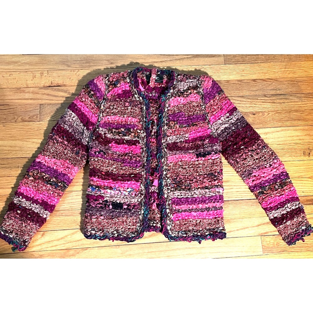 Vintage 1983 Estelle Gracer Art to Wear Ribbon Knit Cardigan Pink Purple Small